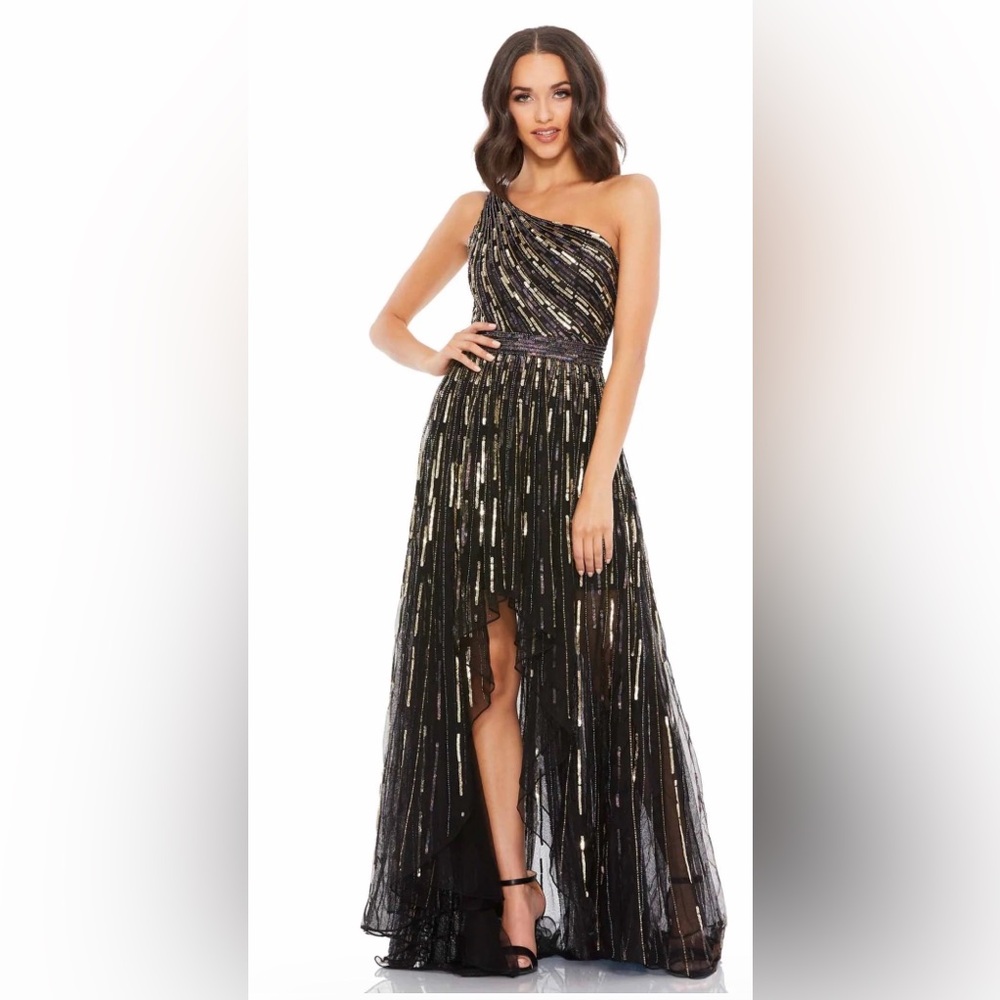 Mac Duggal Black and Gold One-Shoulder High-Low Evening Gown